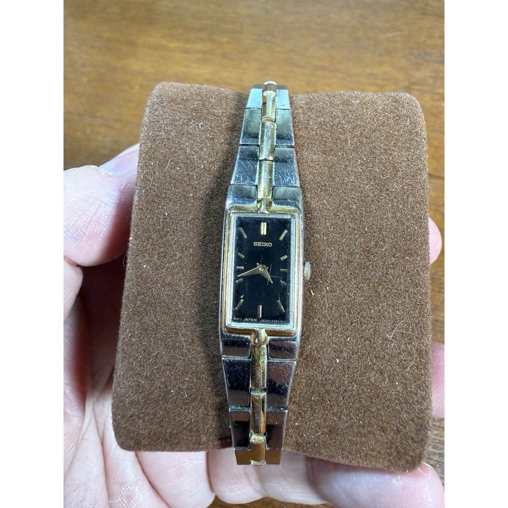 Seiko Tank Watch Women 13mm Black Dial Two Tone Rectangle 2e20-7479 New Battery